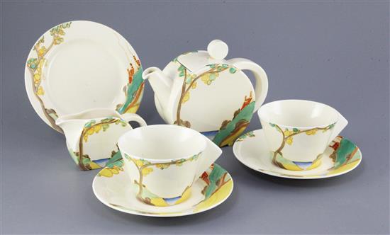 A Clarice Cliff Bizarre Bonjour Secrets pattern seven-piece part tea service, teapot 13.5cm high, some tiny faults